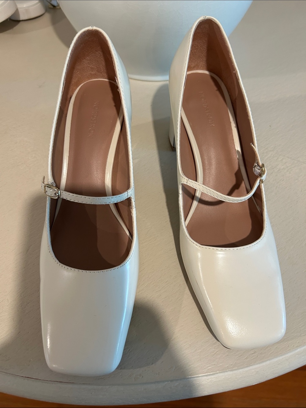 Nordstrom Cream Mary Jane Block Heels with Gold Buckle